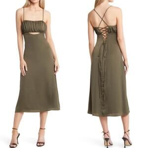 Lulus Cheers with the Best Olive Green Satin Cutout Lace-Up Midi Dress Size S
